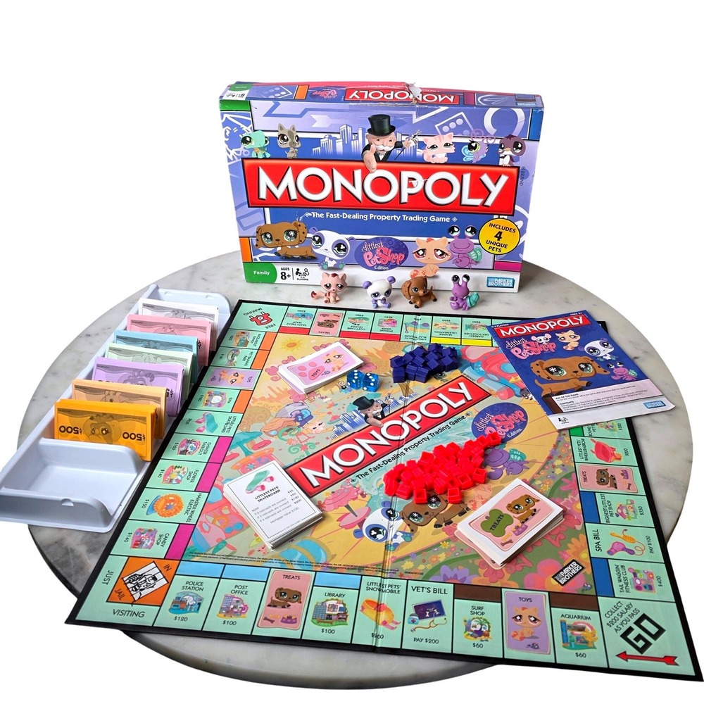 Monopoly Littlest Pet Shop Edition Board Game 2008 Parker Bros COMPLETE 4 pets